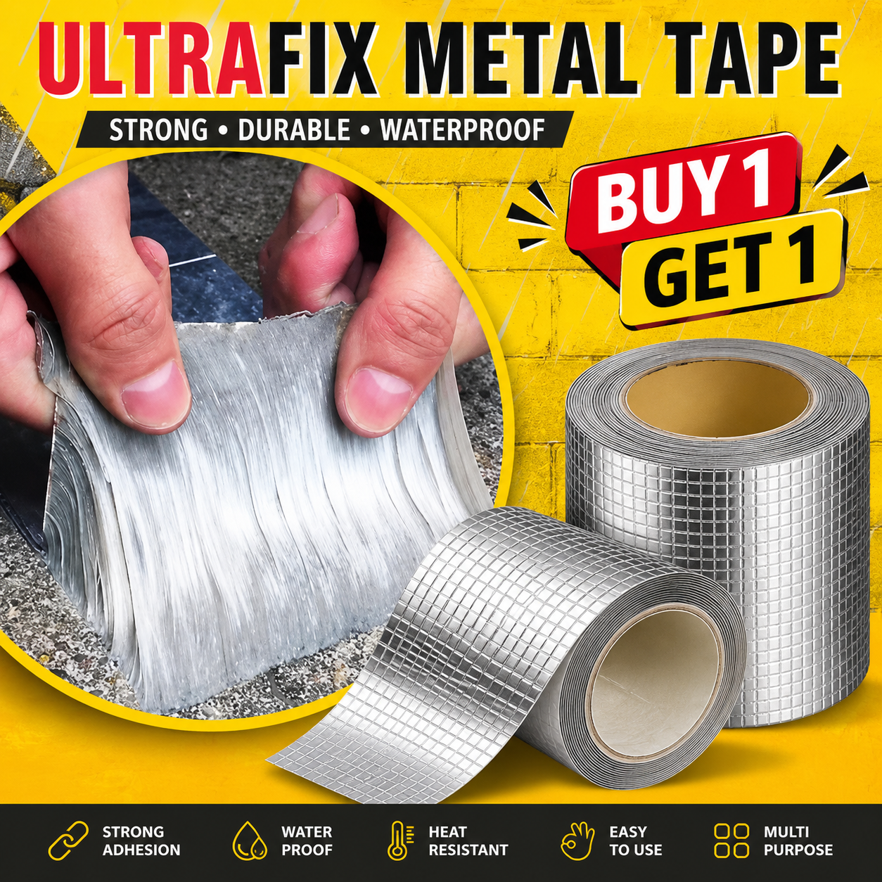 UltraFix Metal Tape with promotional text on a yellow background