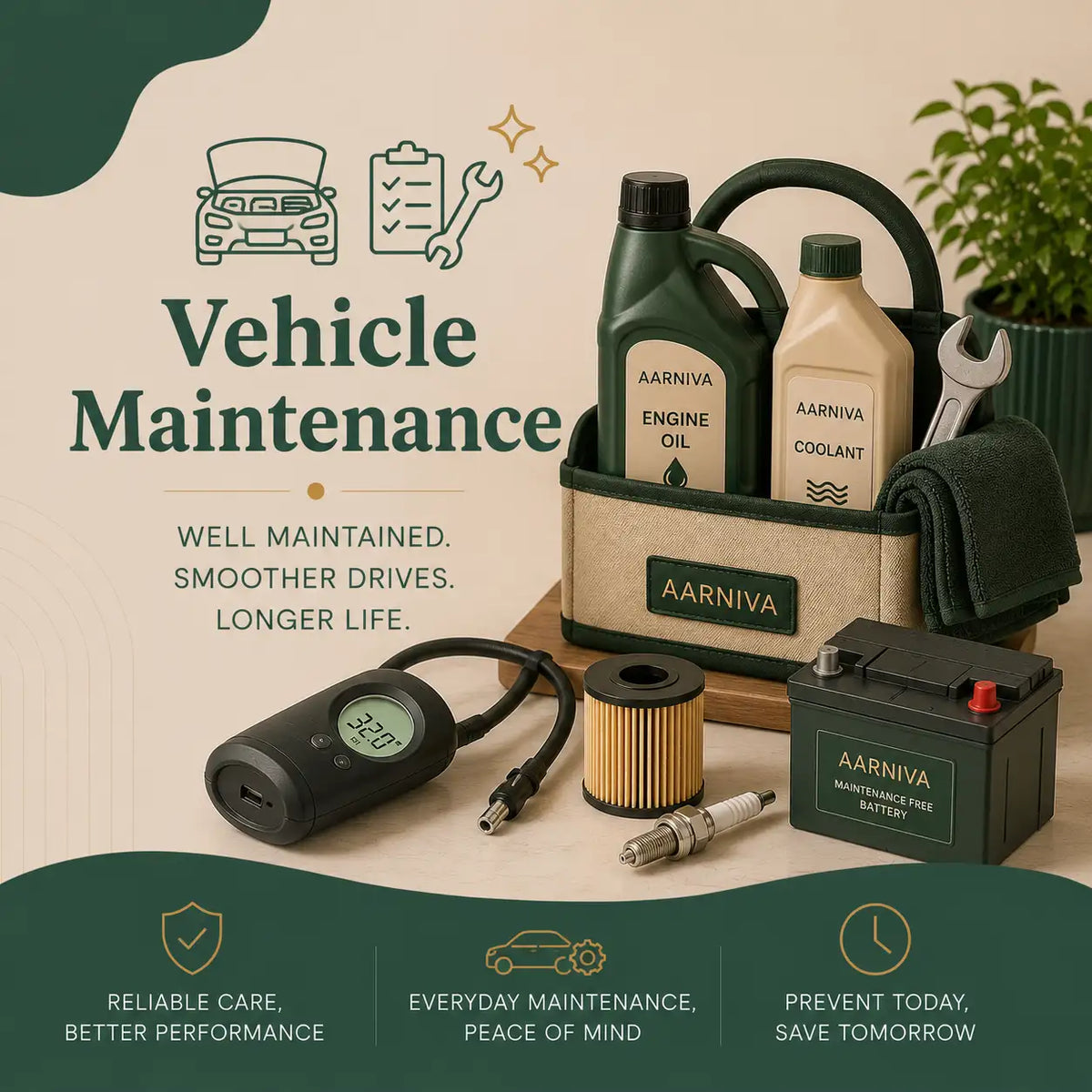 A styled vehicle maintenance kit arranged on a beige surface with dark green graphic text and icons. The kit includes two Aarniva bottles, a beige storage basket, a tire pressure gauge, a fuel filter, a spark plug, a battery, and a cloth, with a small plant in the background.