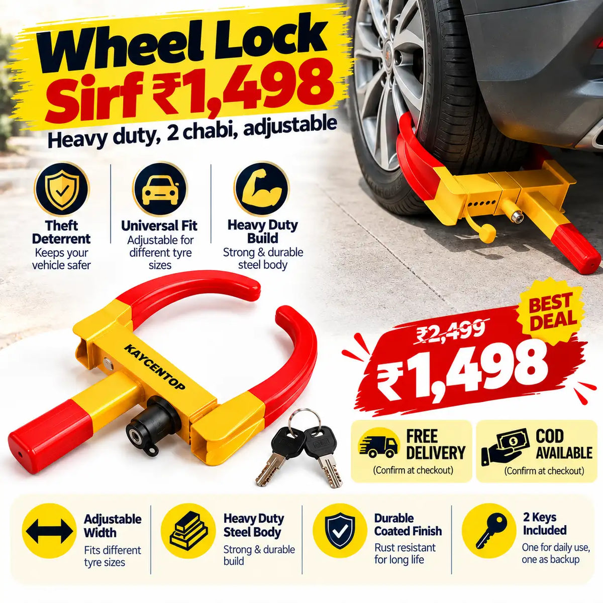 A heavy-duty wheel lock product shown in a promotional infographic on a light gray pavement background. The wheel lock is yellow and red with two keys, and part of a vehicle wheel is visible at the top right.
