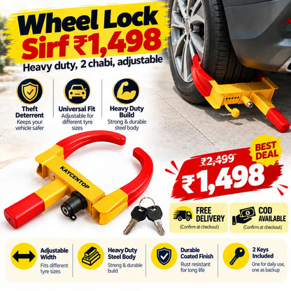 A heavy-duty wheel lock product shown in a promotional infographic on a light gray pavement background. The wheel lock is yellow and red with two keys, and part of a vehicle wheel is visible at the top right.