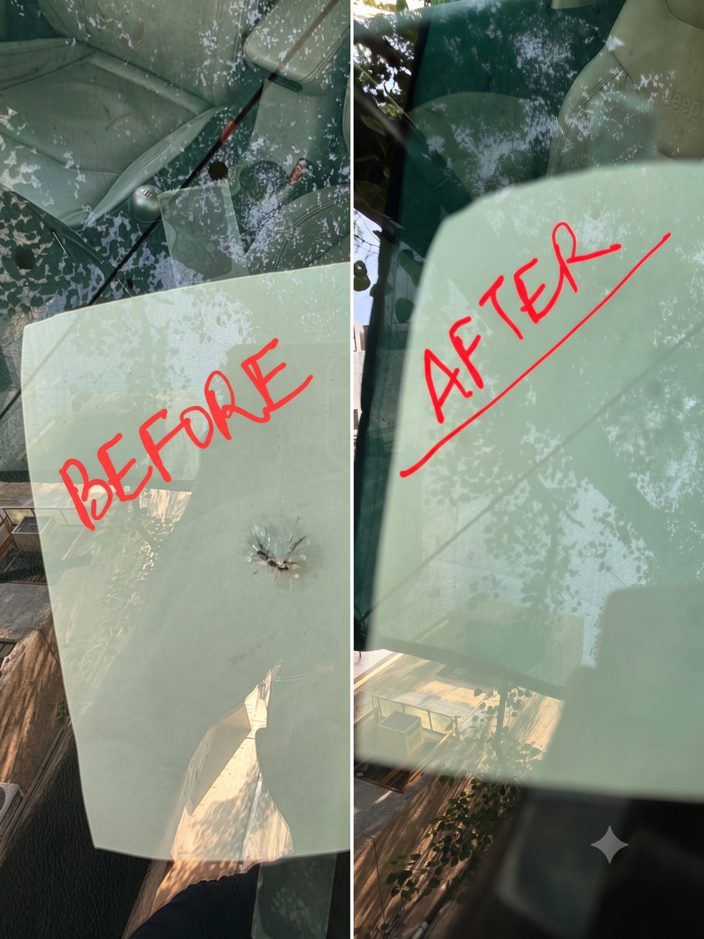 Before and after comparison of a car windshield with cleaning solution applied.