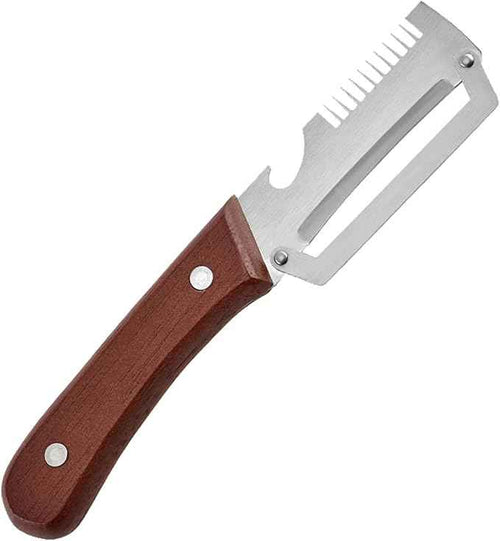Vegetable peeler with wooden handle on a white background