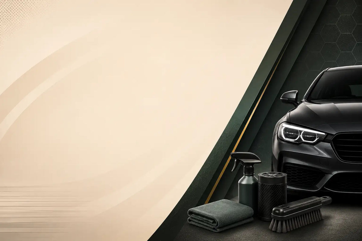 A black car front end is shown alongside cleaning accessories including a spray bottle, folded towel, brush, and canister on a dark surface, with a large beige graphic background occupying most of the frame.