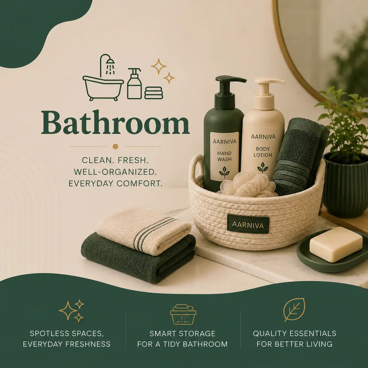 A styled bathroom scene with Aarniva personal care products arranged in a woven basket and on folded towels. Visible items include a dark green pump bottle labeled hand wash, a cream pump bottle labeled body lotion, a dark green towel, a cream towel, a folded soap bar on a soap dish, and a small potted plant.