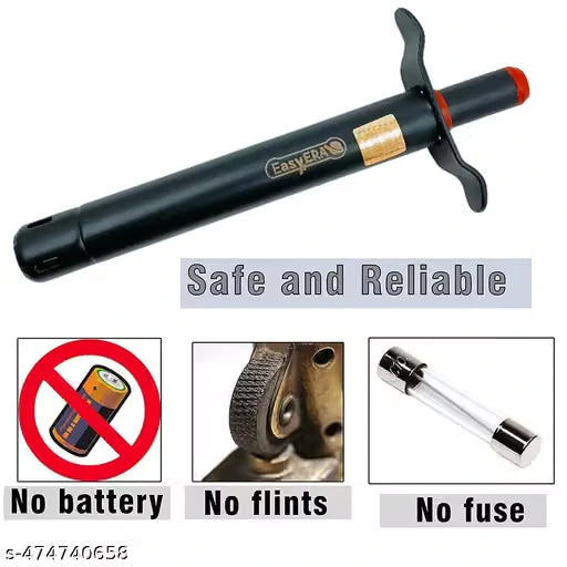 A black cylindrical automotive tool with a wing-like handle and red accent, shown on a white background with feature callouts: 'No battery,' 'No flints,' 'No fuse,' and 'Safe and Reliable.'.