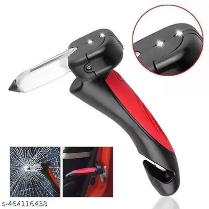 A car door emergency escape tool with a black and red handle, featuring a clear glass breaker blade, shown on a white background with two inset images demonstrating its use.