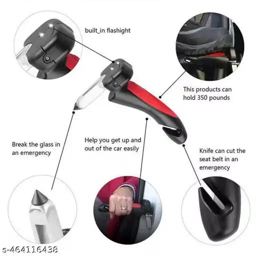 An emergency seatbelt cutter tool with a black and red handle, shown with circular callout diagrams explaining its features, including built-in flashlight, emergency window breaker tip, and seat belt cutting knife.