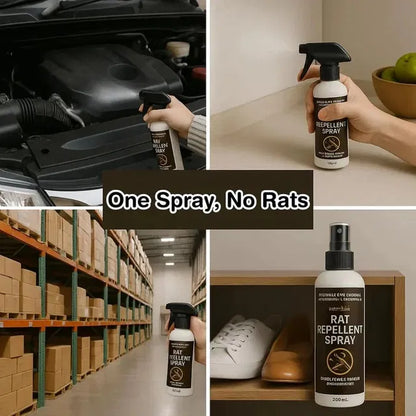 Collage of rat repellent spray being used in various settings, including under a car, on shelves, and around shoes.