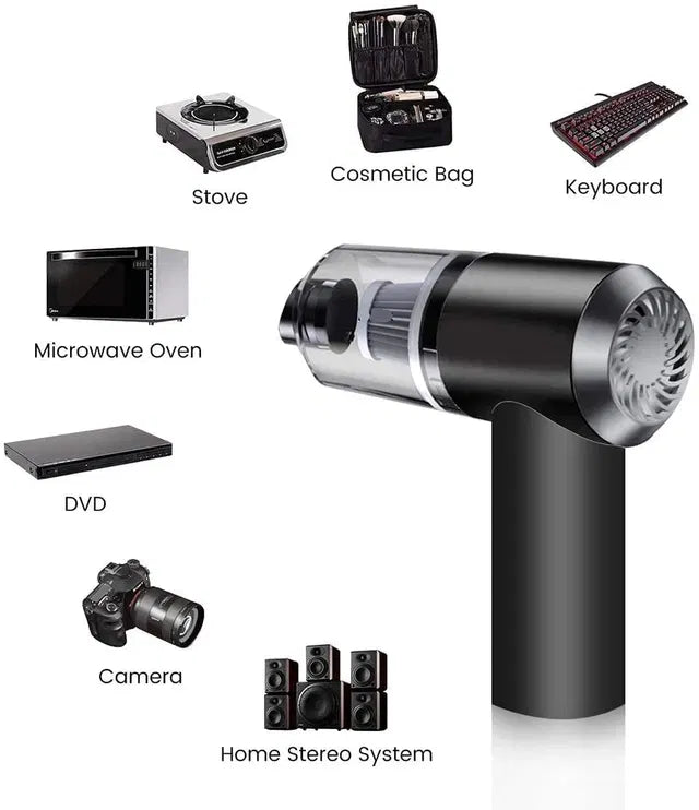 Black handheld vacuum cleaner with labeled items on a white background