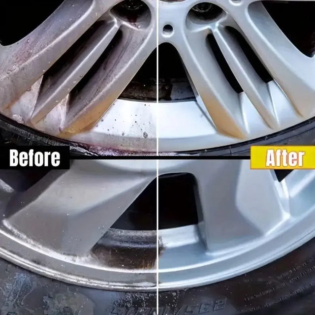 Before and after comparison of a car wheel cleaning process