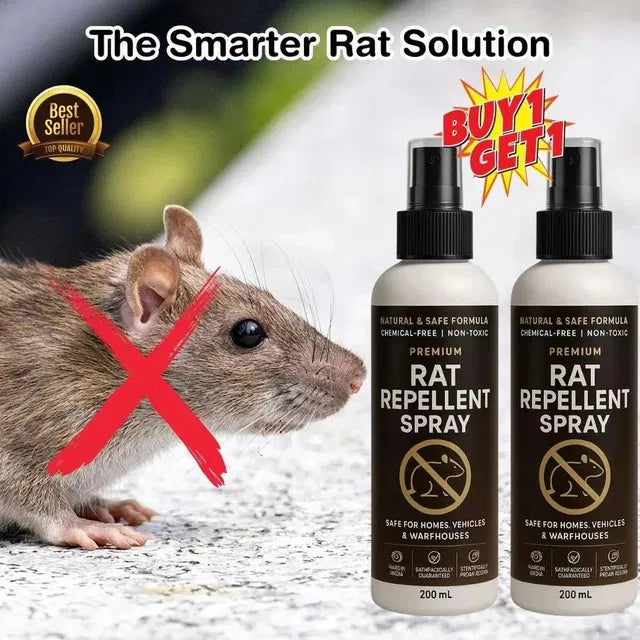 Two bottles of rat repellent spray with a mouse and promotional text on a white background