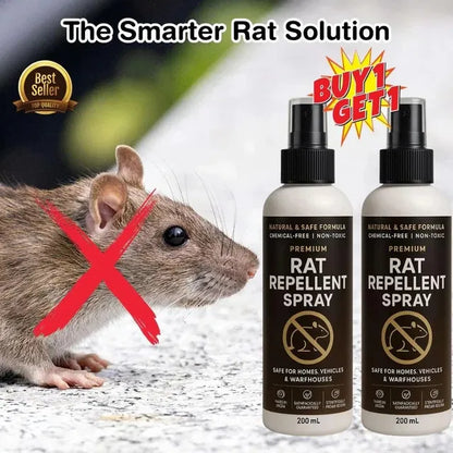 Two bottles of rat repellent spray with a mouse and promotional text on a white background