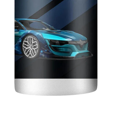Cylindrical container with a blue car design on a black background