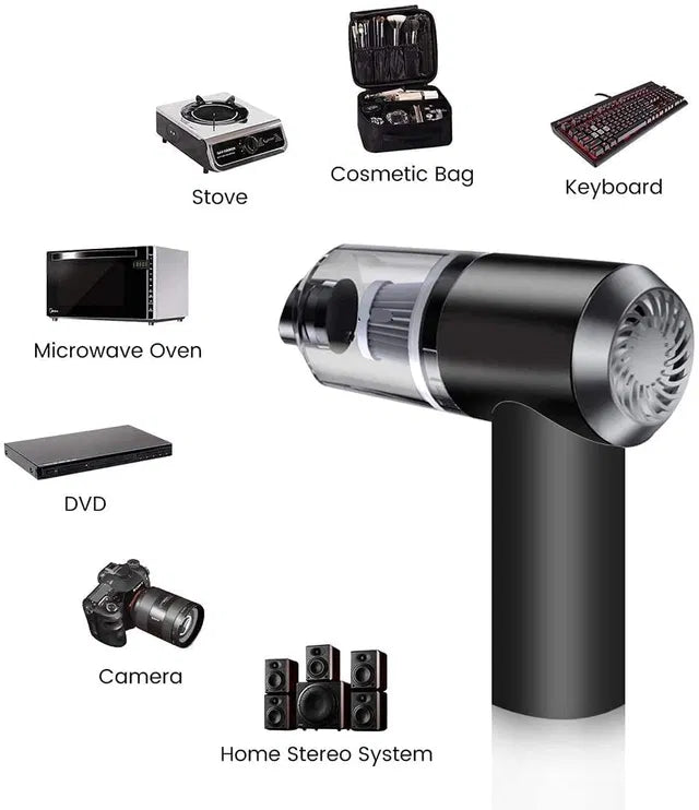 Black handheld vacuum cleaner with labeled items on a white background
