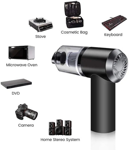 Black handheld vacuum cleaner with labeled items on a white background