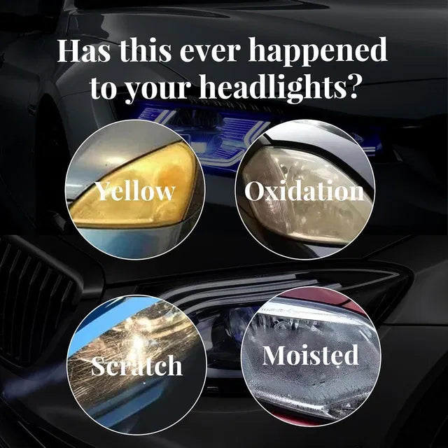 Car headlights with issues labeled: yellow, oxidation, scratch, and moistened.