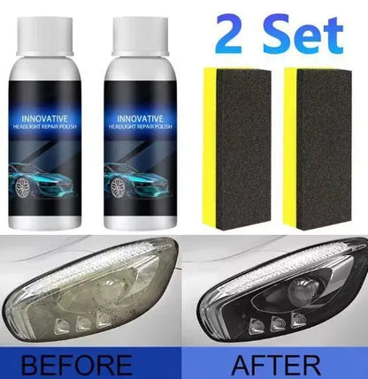 Innovative headlight repair polish set with sponges and before/after results on a car headlight.