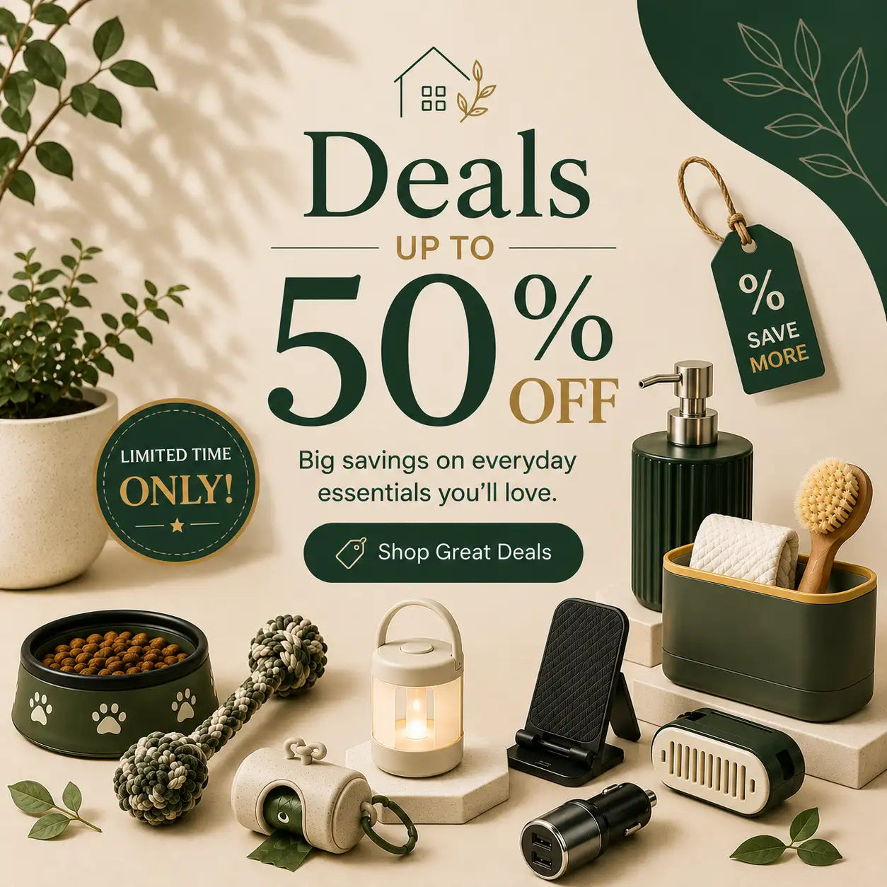 Promotional graphic for home and pet essentials with large text reading 'Deals up to 50% off' and 'Big savings on everyday essentials you'll love.' The scene shows a dark green soap dispenser, toothbrush holder with brush, pet bowl, rope toy, lantern, phone stand, car charger, and other small accessories arranged on a beige surface with decorative leaves and shadows.