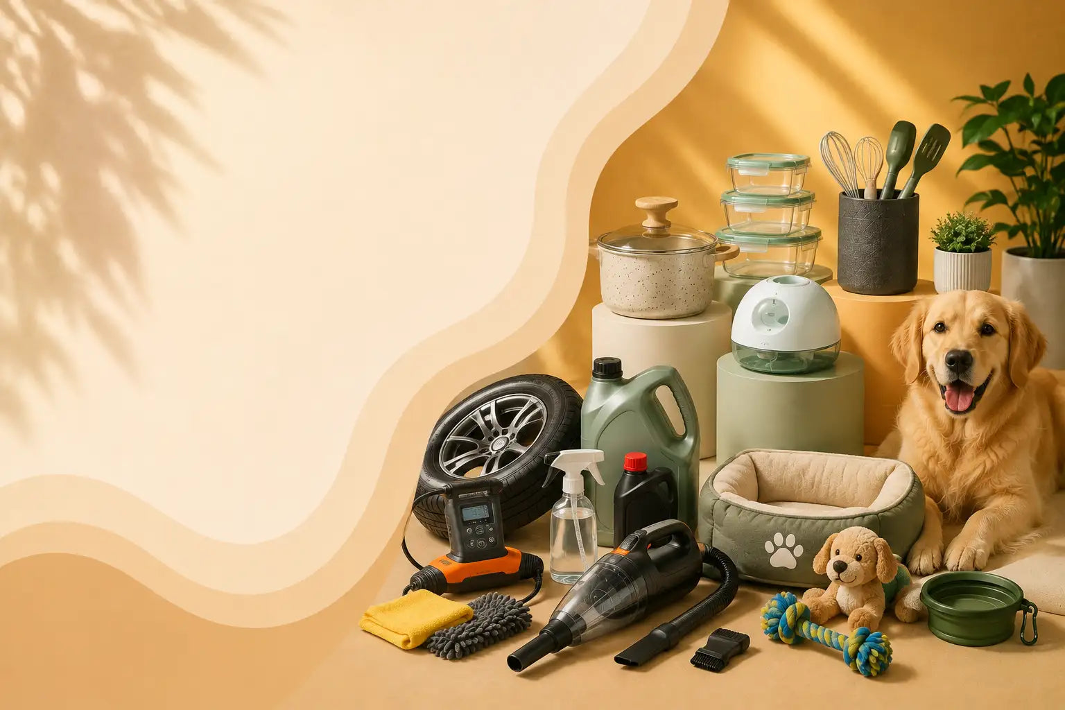 A golden retriever dog sits beside a collection of pet products, including a pet carrier, water bottles, a small dog bed, a chew toy, a brush, and a vacuum cleaner, arranged on a warm beige and yellow background with decorative shadows.