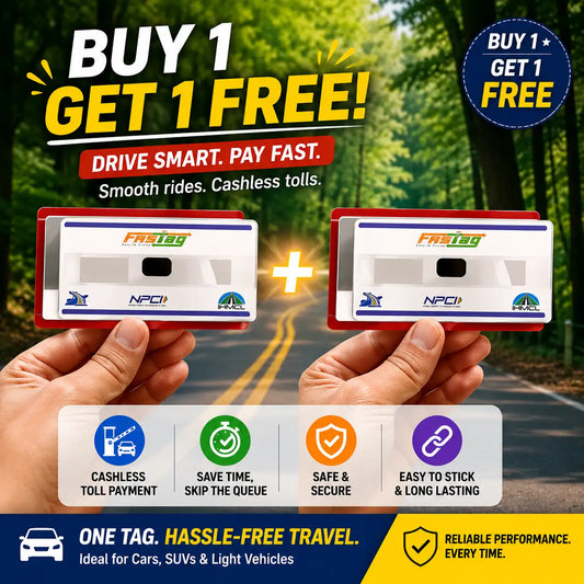 Promotional graphic for two white FASTag toll tags with red and blue borders, held in two hands over a forest road. Large text reads 'BUY 1 GET 1 FREE!' and 'DRIVE SMART.