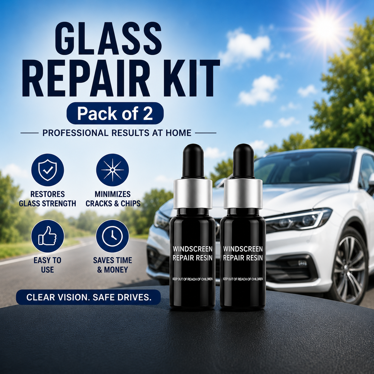Glass repair kit with two bottles on a road background with a car.