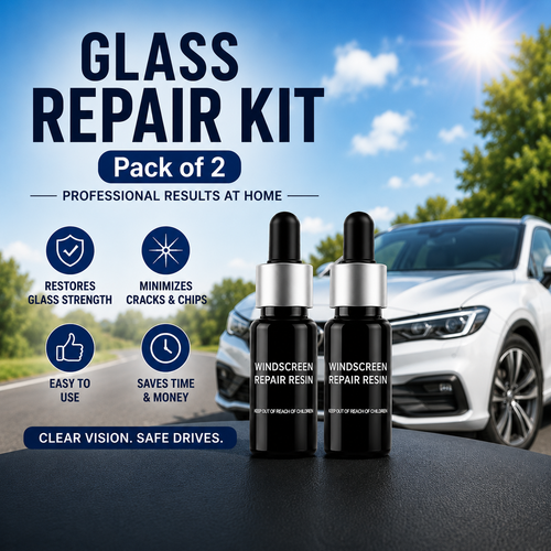 Glass repair kit with two bottles on a road background with a car.