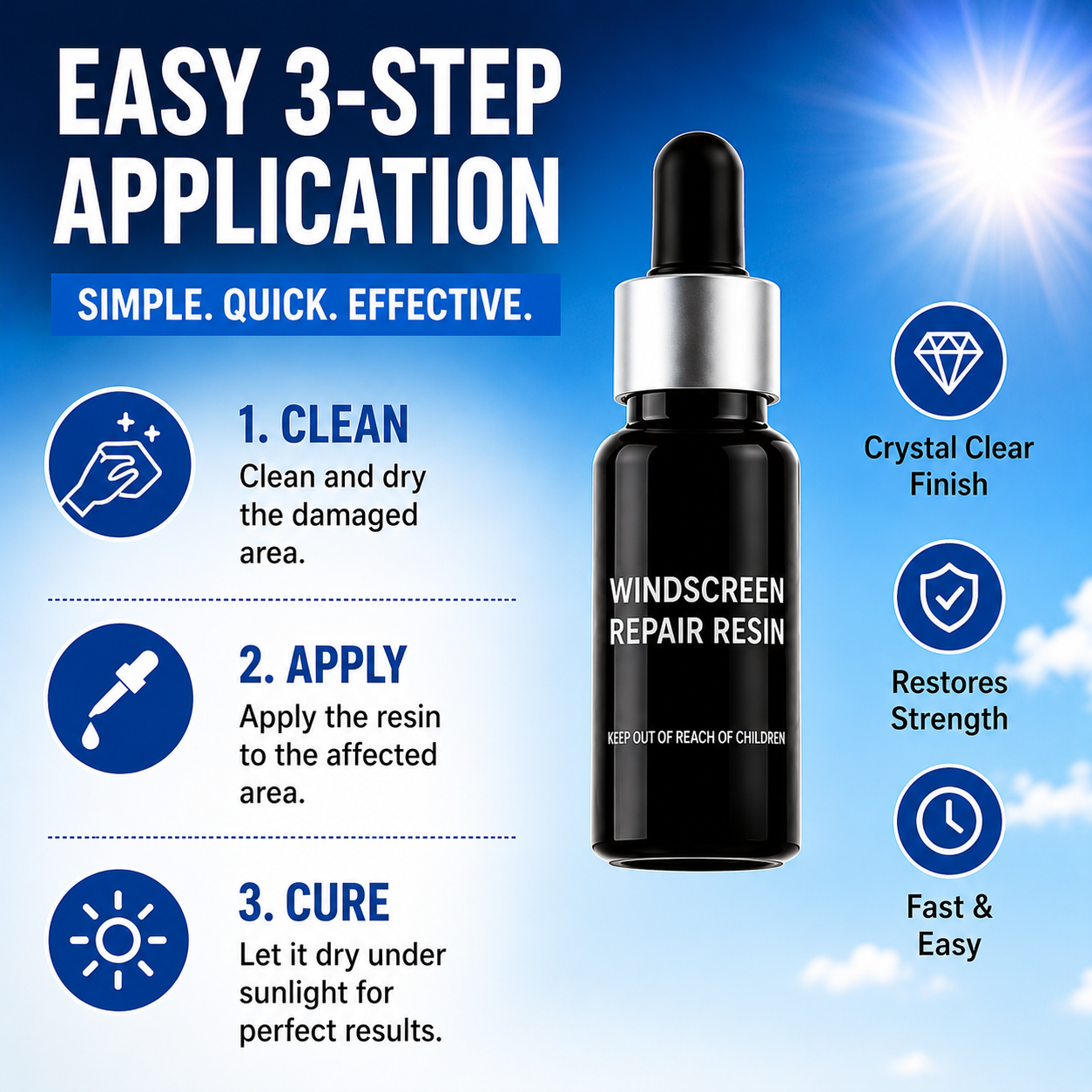 Windscreen repair resin bottle with application instructions on a blue sky background