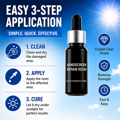 Windscreen repair resin bottle with application instructions on a blue sky background