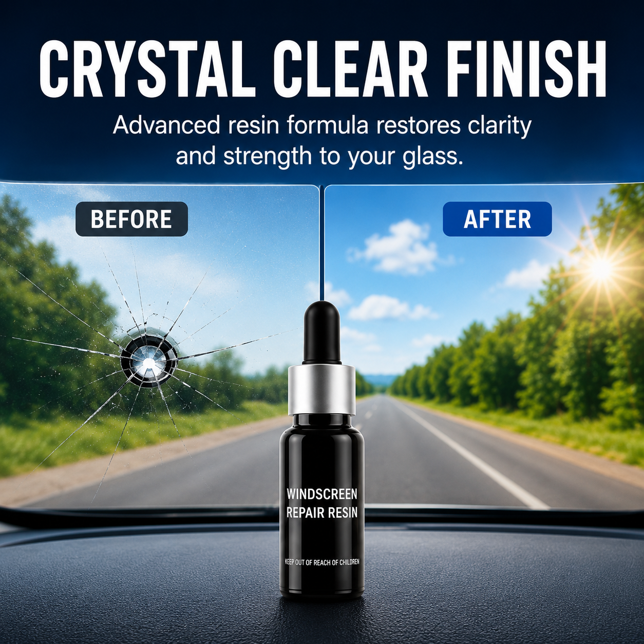 Bottle of windscreen repair resin with 'Before' and 'After' comparison on a road background