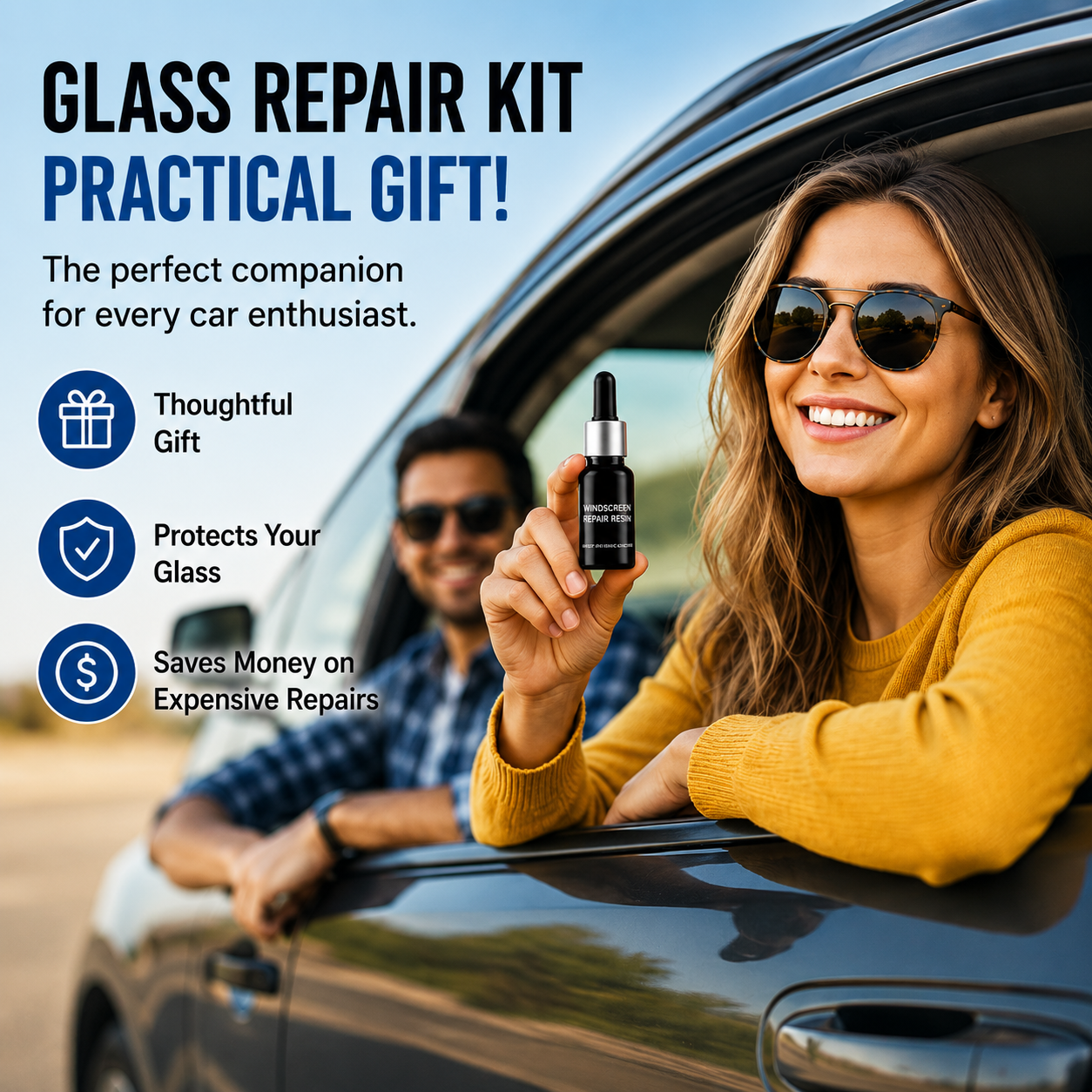 Woman holding a glass repair kit next to a car with a man, with text highlighting the product's benefits.