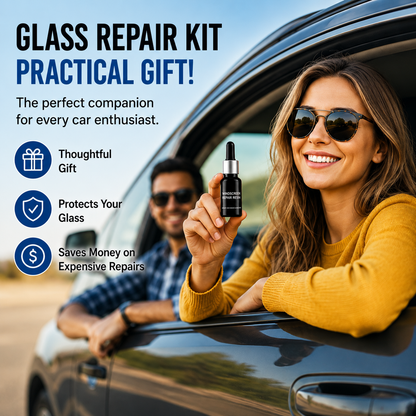 Woman holding a glass repair kit next to a car with a man, with text highlighting the product's benefits.