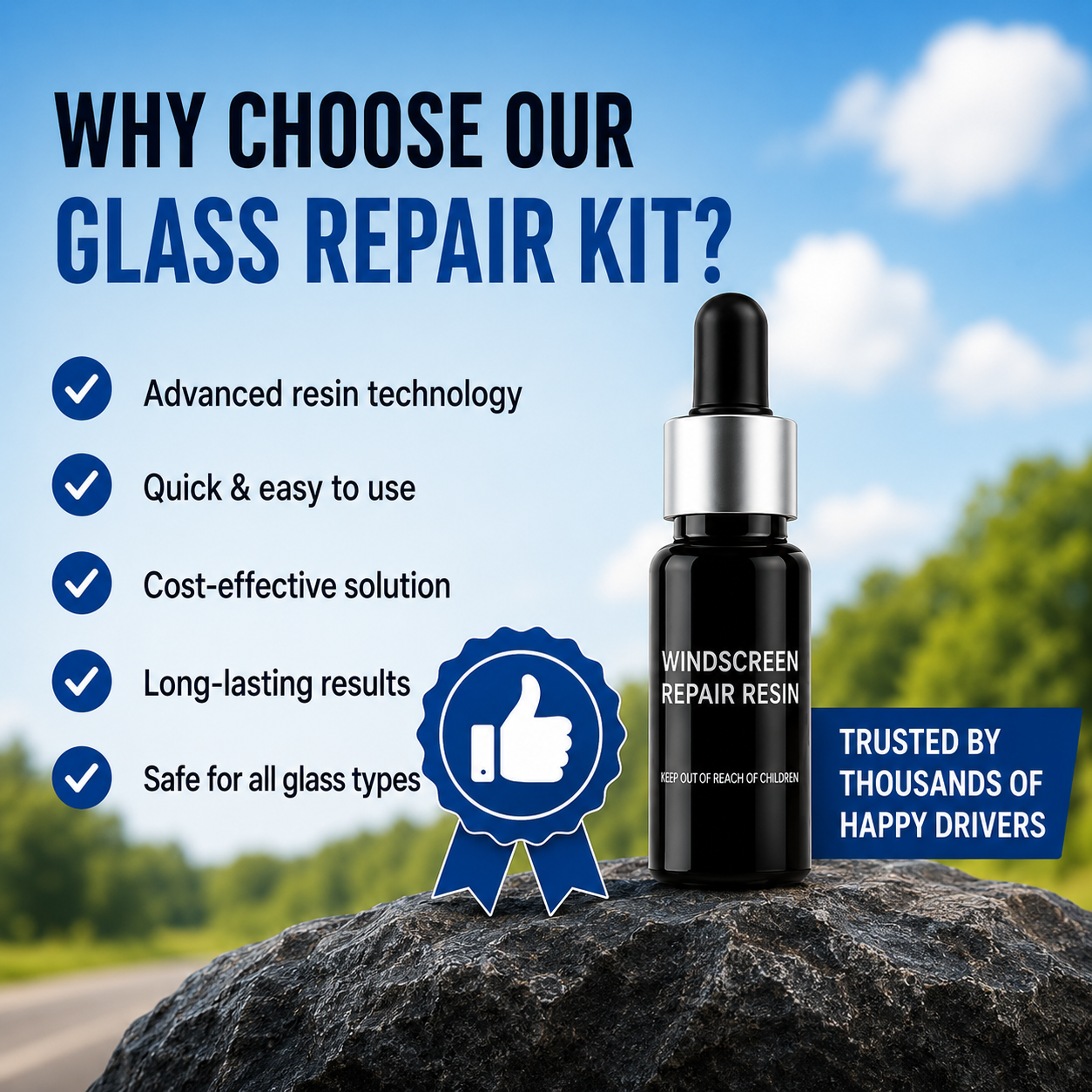 Glass repair kit with benefits listed on a scenic background