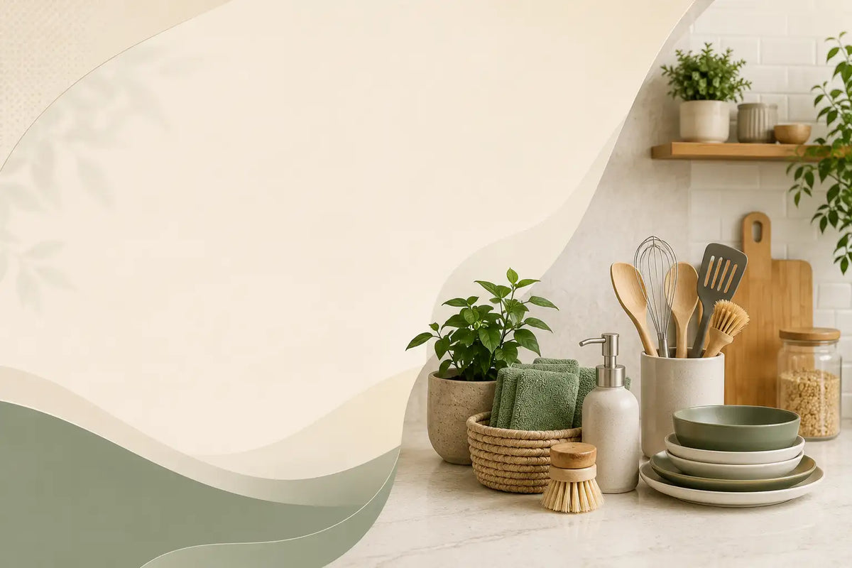 A styled kitchen countertop scene with green ceramic dishes, wooden utensils, a soap dispenser, folded green towels, a small brush, potted plants, and a wooden cutting board against a light wall.