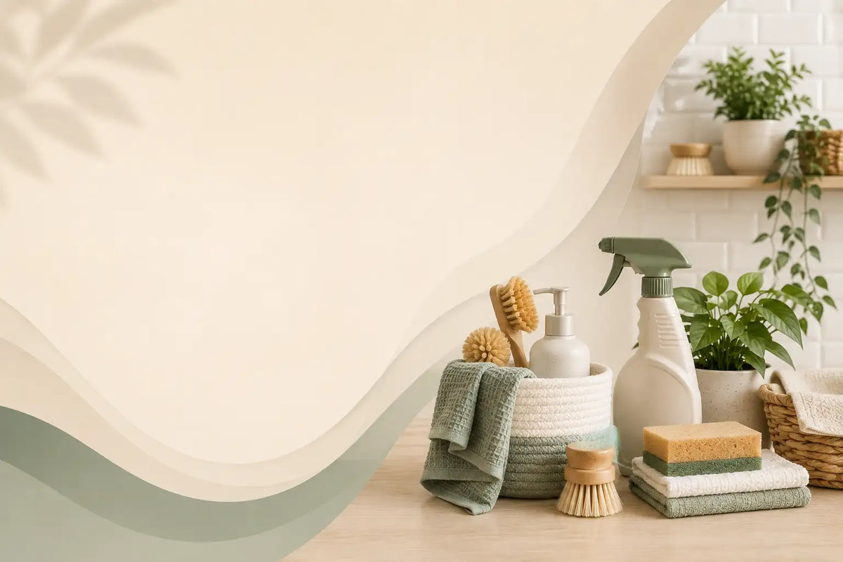 A styled bathroom or cleaning product display featuring a white spray bottle, a green cloth, a beige scrubber, a soap bar, and a small brush arranged on a light wood surface next to a white tiled wall with shelves and plants.