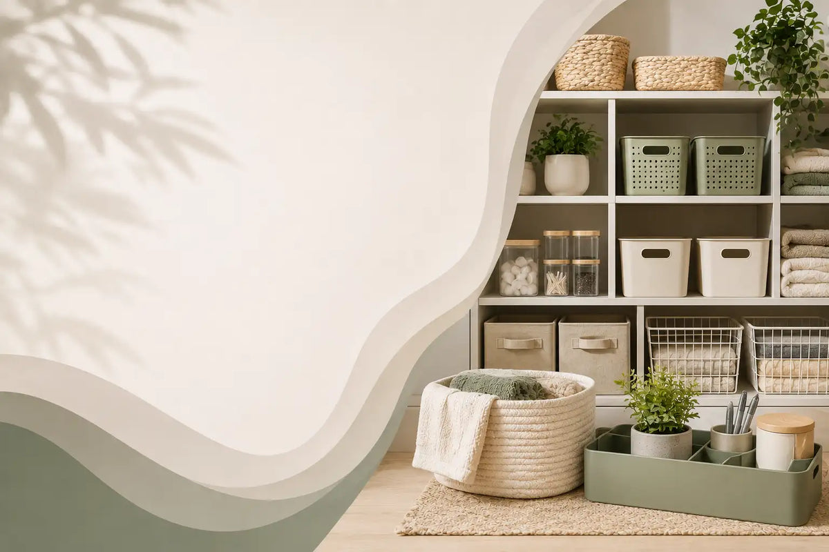 A styled interior corner with a wavy cream wall, shelving, storage bins, plants, a woven basket, and a green tray holding small decor items on a rug.
