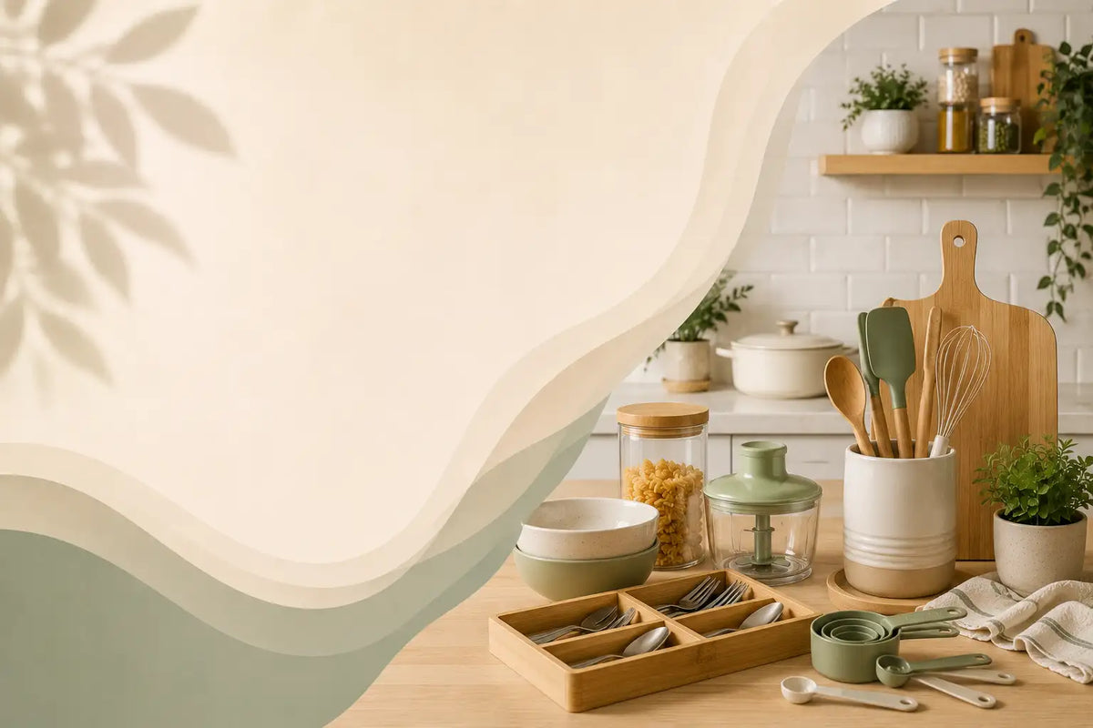 A styled kitchen countertop with ceramic bowls, wooden utensils, measuring cups, jars, and a cutting board against a white brick wall and leafy backdrop.