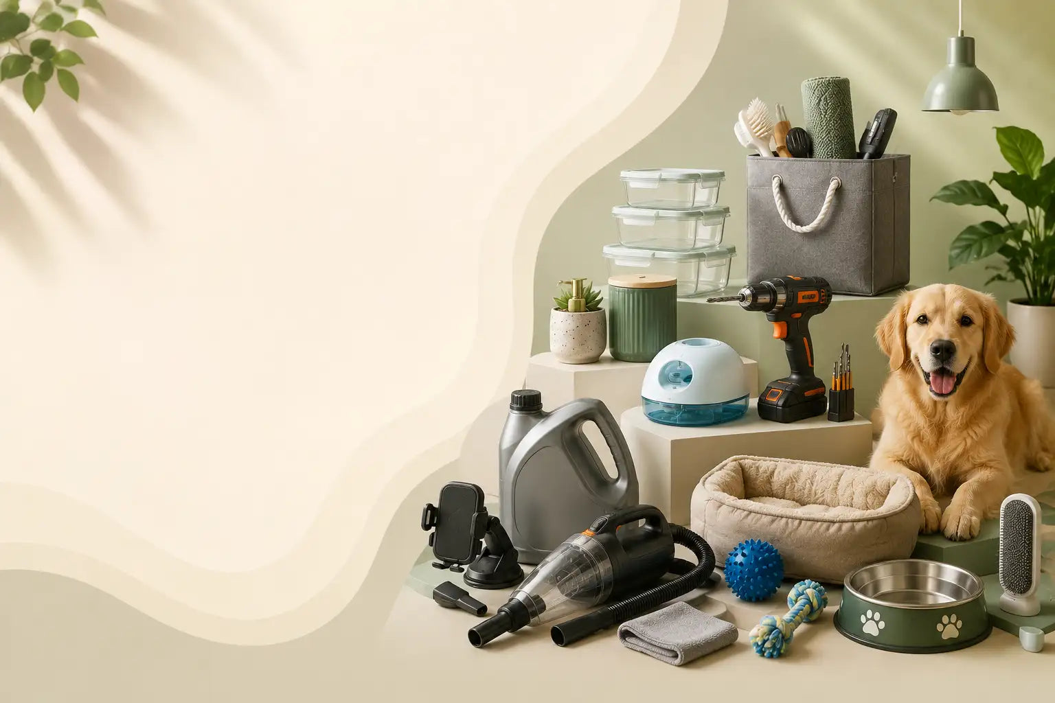 A golden retriever dog sits beside a collection of pet care and cleaning products, including a handheld vacuum, storage containers, a gray bag, a drill, a pet bed, toys, and a bowl, arranged on pedestals against a beige wavy background.