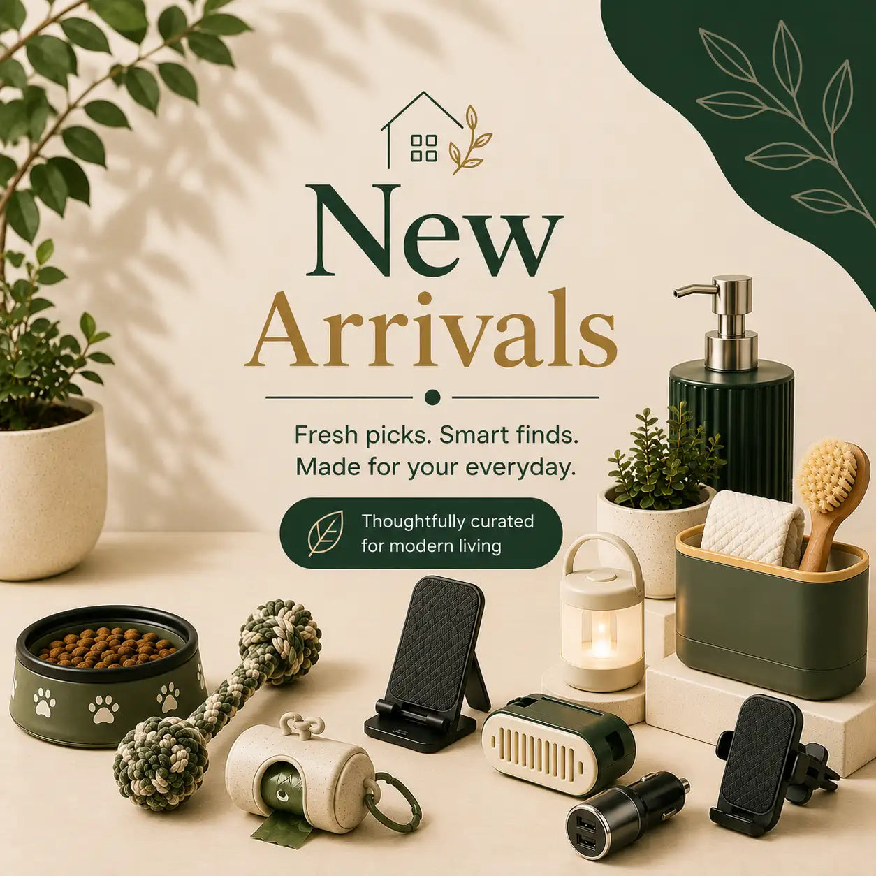 A styled product display with multiple home and pet accessories arranged on a beige surface against a cream background with decorative text reading 'New Arrivals.' Visible items include a green pet bowl with kibble, rope toys, a small lantern, phone stands, a car cigarette lighter adapter, and bathroom-style accessories such as a soap dispenser, brush holder, and sponge.