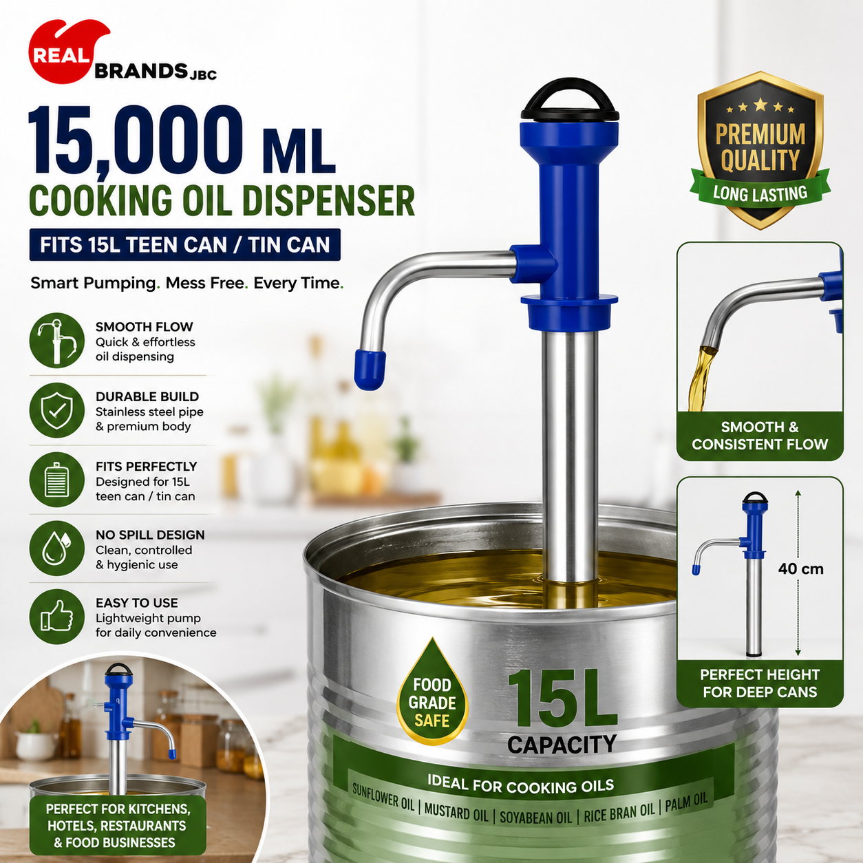A 15,000 ML cooking oil dispenser pump attached to a 15L tin can of cooking oil, shown on a clean white background with product features, dimensions, and usage benefits. The dispenser has a blue handle and silver metal pump tube, and the can is filled with golden cooking oil.