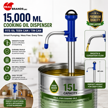 A 15,000 ML cooking oil dispenser pump attached to a 15L tin can of cooking oil, shown on a clean white background with product features, dimensions, and usage benefits. The dispenser has a blue handle and silver metal pump tube, and the can is filled with golden cooking oil.
