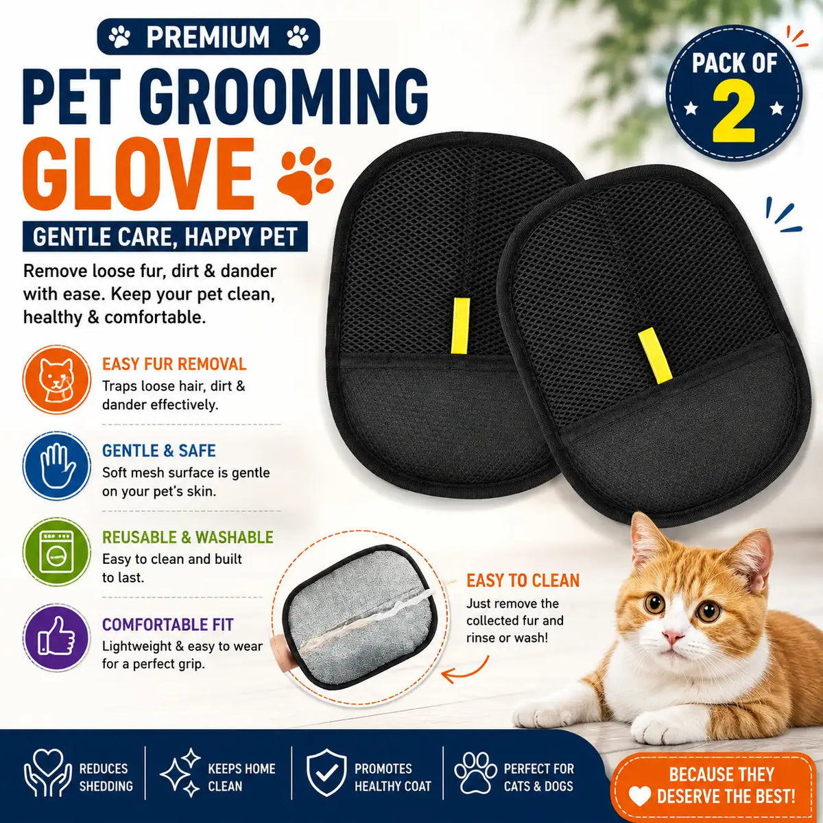 Two black pet grooming gloves with yellow pull tabs shown on a promotional graphic with a cat photo, feature icons, and text about gentle care, easy fur removal, and reusable washability.