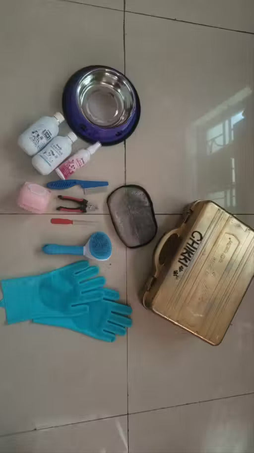 A set of pet grooming tools and accessories laid out on a light beige tiled floor, including a gold-colored metal case, blue rubber gloves, a metal bowl, bottles, brushes, and a squeegee.