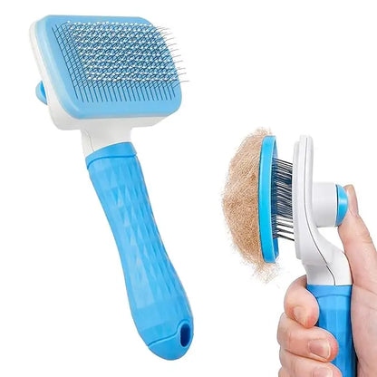 Blue and white pet grooming brush with a hand holding it, showing fur removal.