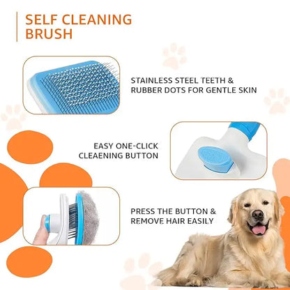 Self cleaning brush for pets with features highlighted on a white background.