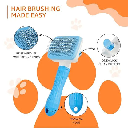 Pet grooming brush with features highlighted on an orange and white background