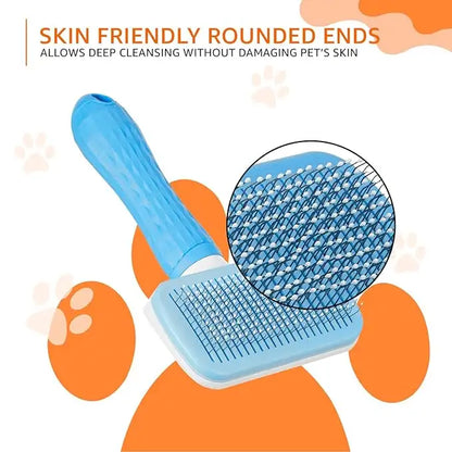 A blue pet grooming brush with rounded ends and a circular close-up inset showing the bristle texture, on a white background with orange paw-print and paw-bite graphics and marketing text.