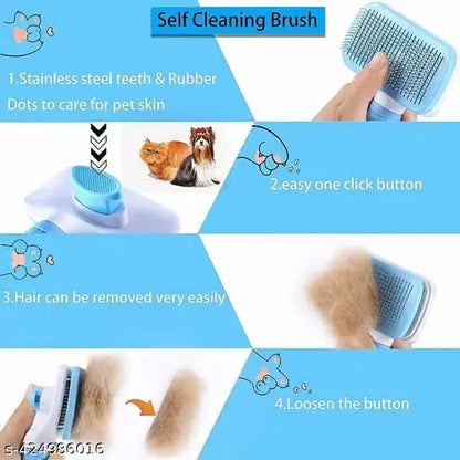 Self cleaning brush for pets with features highlighted on a blue background