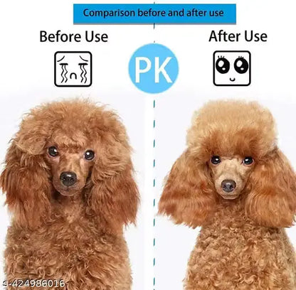 A side-by-side comparison graphic showing a brown poodle labeled 'Before Use' on the left and 'After Use' on the right, with a blue 'PK' circle and a 'Comparison before and after use' banner at the top.
