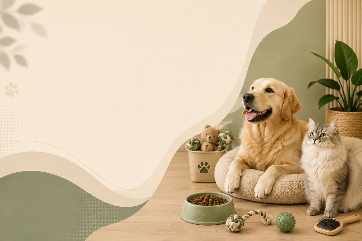 A golden retriever dog and a fluffy gray cat sit together on a wooden floor in a cozy room setting, surrounded by pet accessories including a food bowl, toys, a small teddy bear in a cup, and a potted plant.
