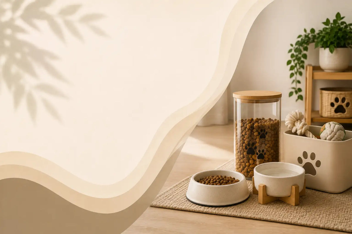 A styled pet feeding setup with a white ceramic bowl, a small white dish on a wooden stand, a clear jar of dry food with a bamboo lid, and a cream container with a paw print, arranged on a woven mat in a warm, minimalist interior.